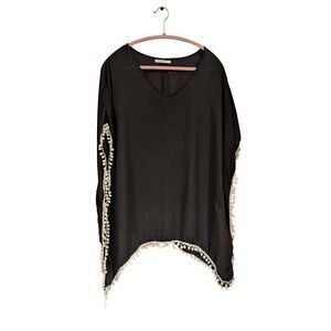 Adreamly Black Chiffon Pom Pom Trim V-Neck Swimsuit Cover Up Poncho One Size